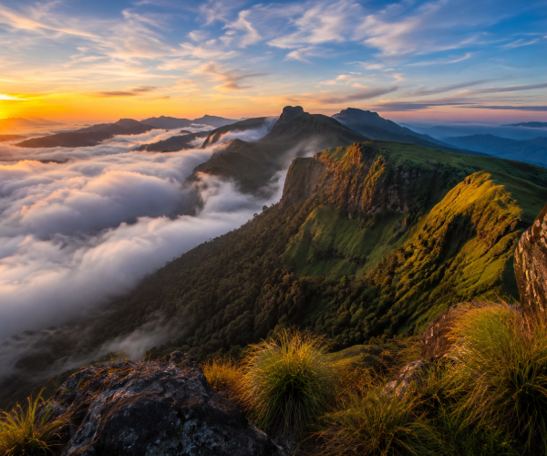 Golden dawn over rugged Knuckles Mountain Range,