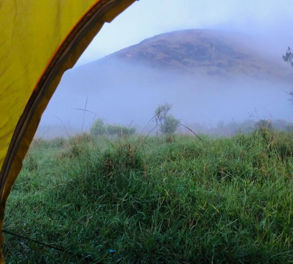 View of Haritha Kanda Mountain through a camping tent on a misty morning